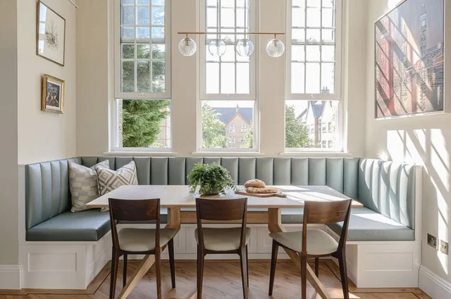 A beautifully bright sunny corner for a crisp winters morning! We created this built in banquette to maximise the use of the space, upholstered in a faux leather to be super practical and with a simple pendant light hanging from the incredibly high ceilings. We also reframed the client’s existing artwork on the right hand side to help tie it together with the rest of the scheme. Swipe to see the before photo.

#weluxit #banquette #banquetteseating #builtinseating #dining #diningtable #pendantlight #sunnycorner #interiordesign #interiordesignsurrey #interiordesignberkshire 

@hyperion_furniture @melanietomlinsondesign